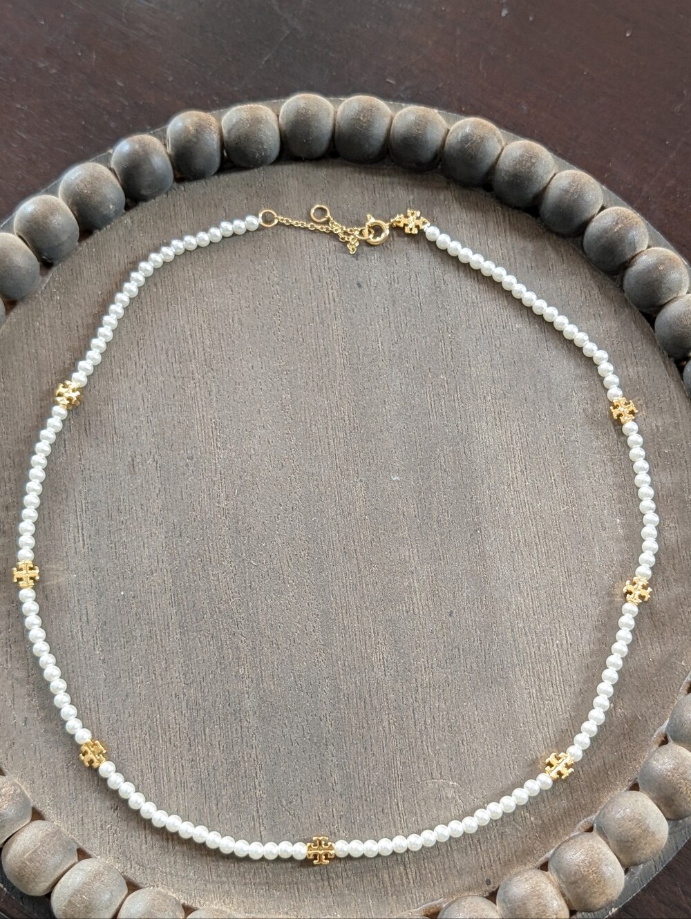TORY BURCH Kira Pave Mini Logo Pearl Strand Necklace - Picture 2 of 5